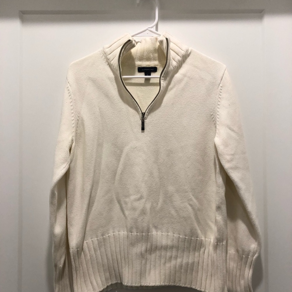Lands' End Cream Zip Up Sweater with Stand-Up Collar